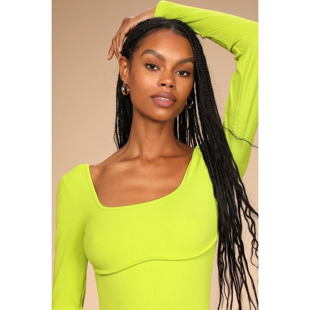 Lulus Emphasis On Enticing Lime Ribbed Long Sleeve Bustier Bodysuit Green